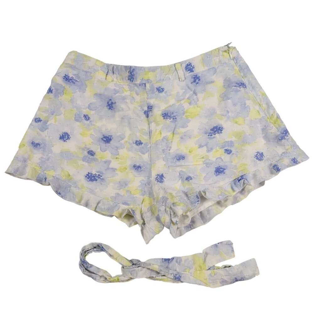 Forever 21 Womens Shorts Lined Belt Ruffle Summer Preppy White Floral Blue sz M